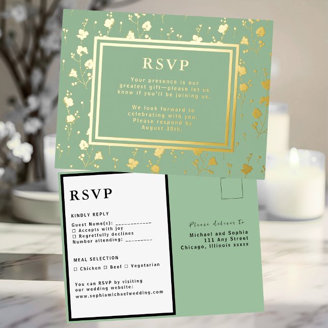 Fleurs de carte de réponse Mariage RSVP Sage Green (Créateur téléchargé)