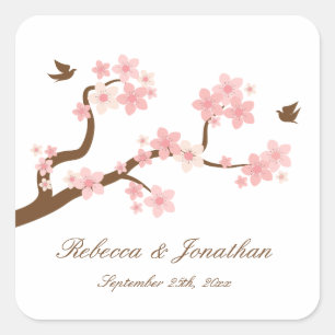 Fleurs de cerise sur autocollant carré blanc