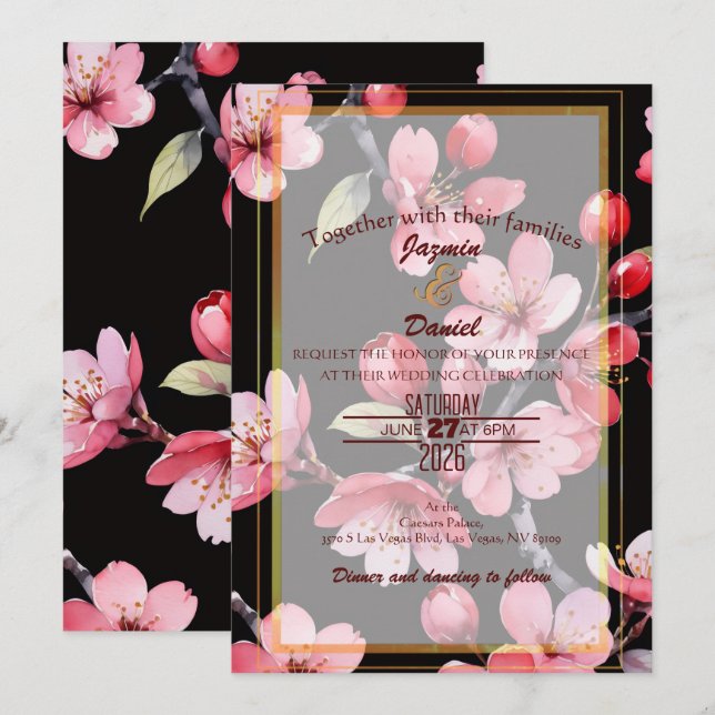 Fleurs de cerisier roses Fond noir Invitation (Devant / Derrière)