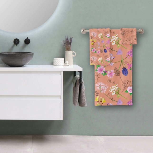 Fleurs de champs, peintes à la main en aquarelle,  (Field flowers, hand-painted in watercolour, orange bath towel set
)