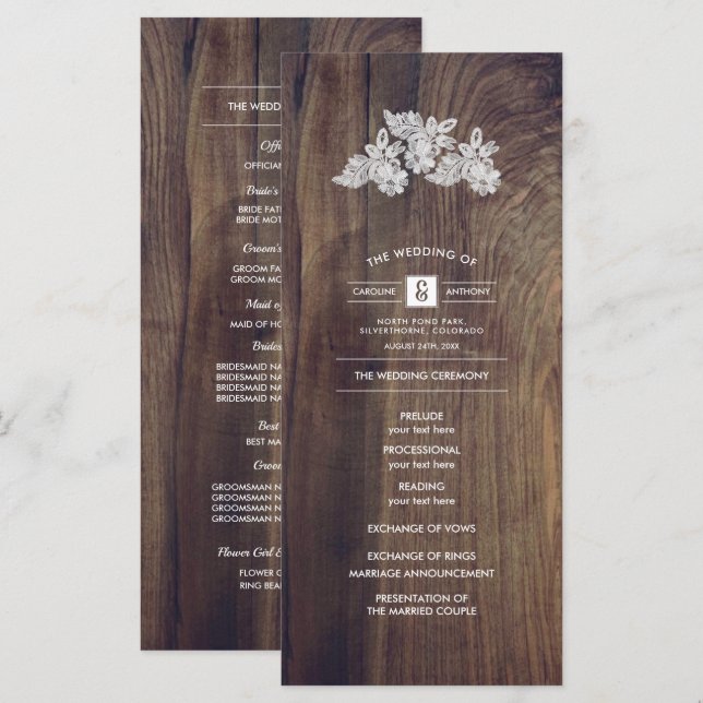 Fleurs de dentelle | Programme de mariage en bois  (Devant / Derrière)