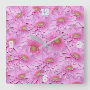 Fleurs de Gerbera roses, horloge murale carrée