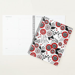 Fleurs de gribouillis et feuilles en rouge et noir