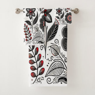 Fleurs de gribouillis et feuilles en rouge et noir