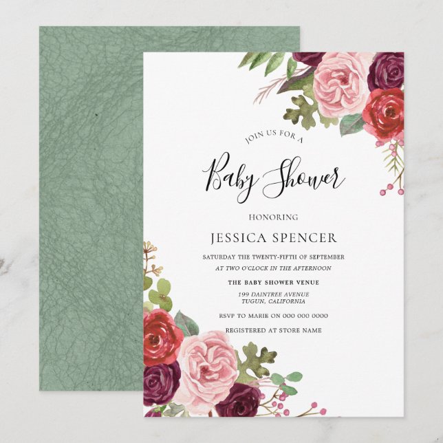 Fleurs de Mint et de Blush Invitation de Baby show (Devant / Derrière)