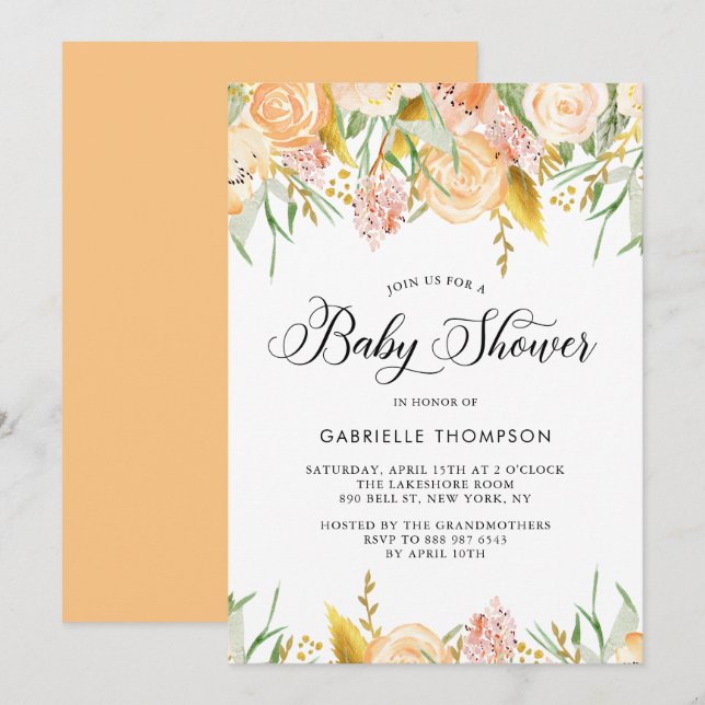 Fleurs de Pêche et Feuilles d'or Invitation Baby s (Devant / Derrière)