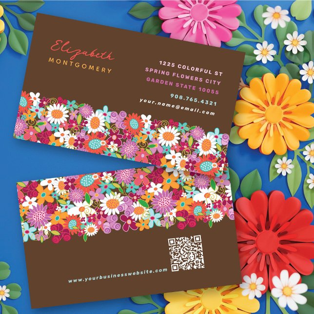Fleurs de Printemps Whimsical Cartes de visite de  (Bright & Colorful Chic Fun Whimsical Spring Flowers Garden Business / Profile Card @ fat_fa_tin)