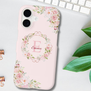 Fleurs de rose rose blush aquarelle à monogramme f