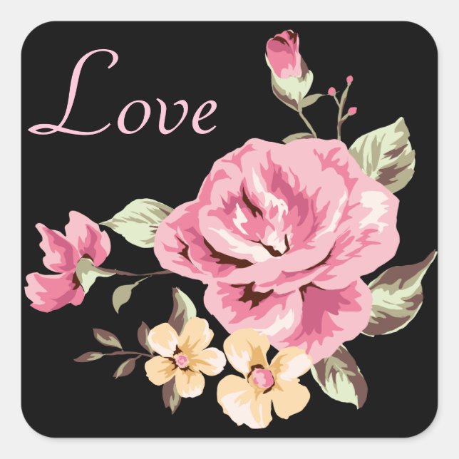 Fleurs de rose rose Noir Floral Love Stickers (Devant)