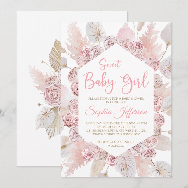 Fleurs de rose rose pâle Baby shower Invitation (Devant / Derrière)