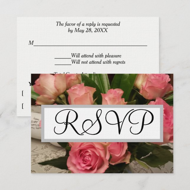 Fleurs de rose rose tendre Mariage argent RSVP (Devant / Derrière)