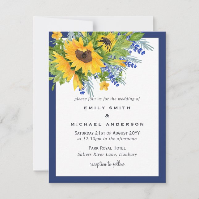 Fleurs de soleil Bleu jaune Floral Invitations de  (Devant)
