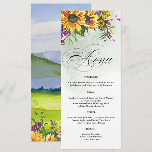 Fleurs de soleil | Cartes de menu Mariage Wild Mea (Devant / Derrière)