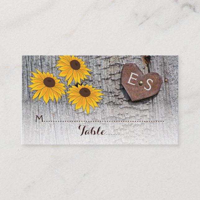 Fleurs de soleil & coeur sur bois mariage carte pl (Devant)