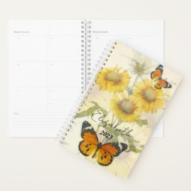 Fleurs de soleil et papillons personnalisés, année (Devant avec enveloppe)