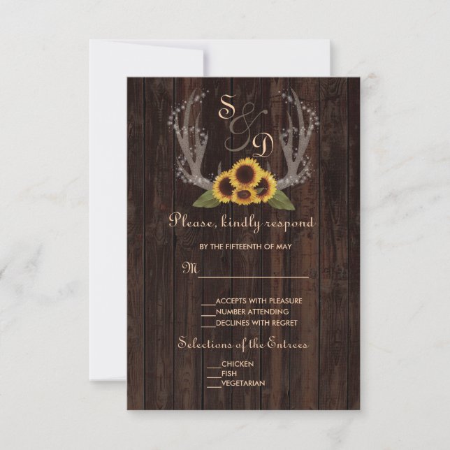 Fleurs de soleil rustiques Antlers Mariage RSVP (Devant)