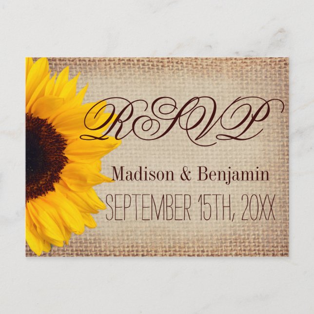 Fleurs de soleil rustiques Burlap RSVP CARTES POST (Devant)