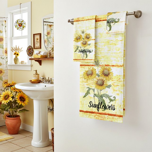 Fleurs de soleil sur la serviette de bain en bois (Créateur téléchargé)