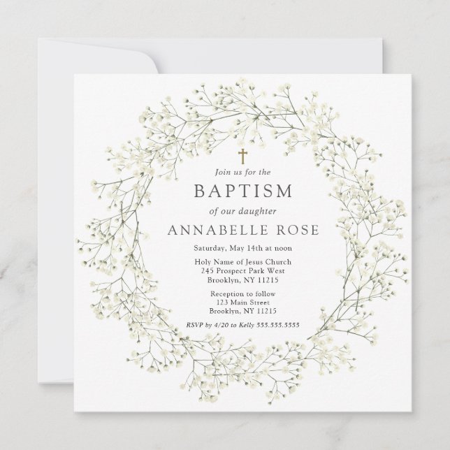 Fleurs de souffle du bébé Baptême Invitation (Devant)