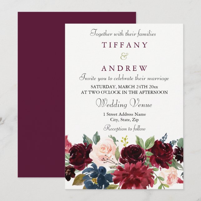 Fleurs de vin rouge Bourgogne Élégant Invitation d (Devant / Derrière)