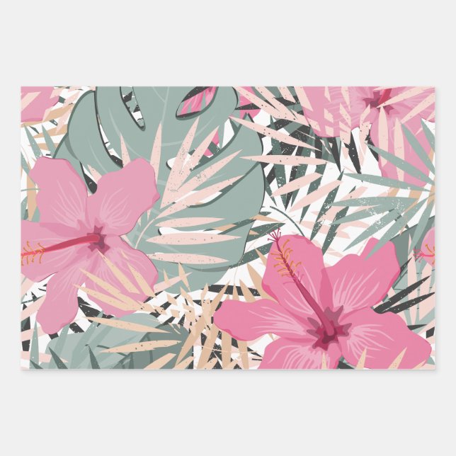 Fleurs d'Hibiscus roses et grands Feuilles tropica (Devant)