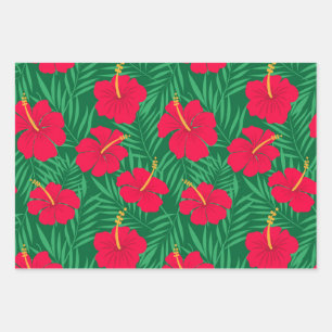 Fleurs d'Hibiscus Rouge sur Feuilles Tropicales Ve