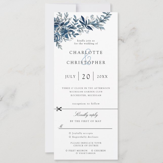 fleurs d'indigo faire-part de mariage avec rsvp at (Devant)