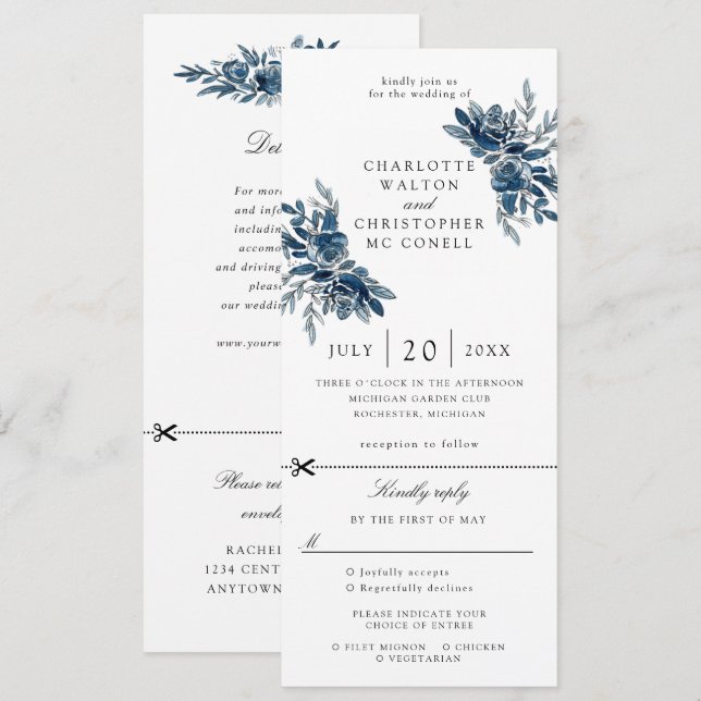 fleurs d'indigo faire-part de mariage avec rsvp at (Devant / Derrière)