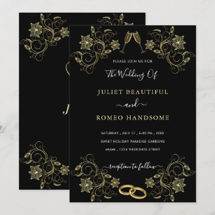 Fleurs d'or Faire-part de mariage moderne noire