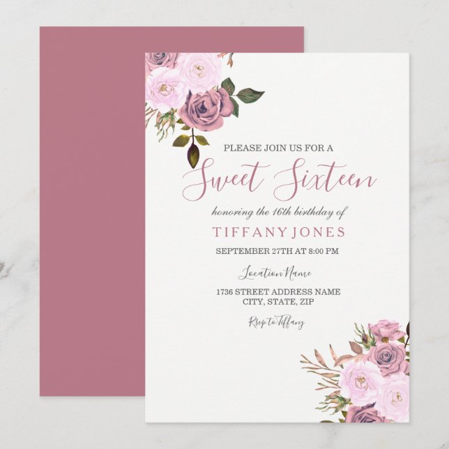 Fleurs d'or rose et Rose Sweet sixteen Invitation (Devant / Derrière)