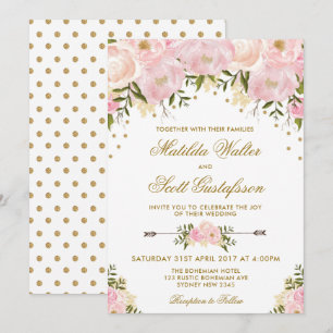 Fleurs d'or rose Faire-part de mariage flou