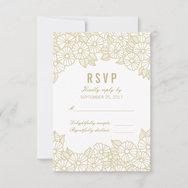 Fleurs d'or sur carte RSVP réponse blanche (Devant)