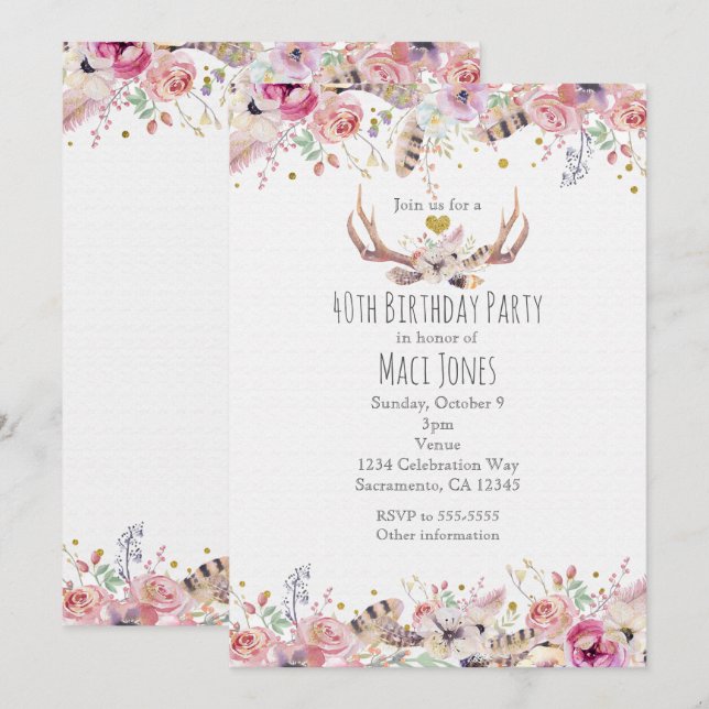 Fleurs et Antlers de Cerfs Invitations de fête d'a (Devant / Derrière)