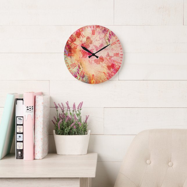 Fleurs Et Papillons Aquarelle, Horloge Mur (Salle de lecture)