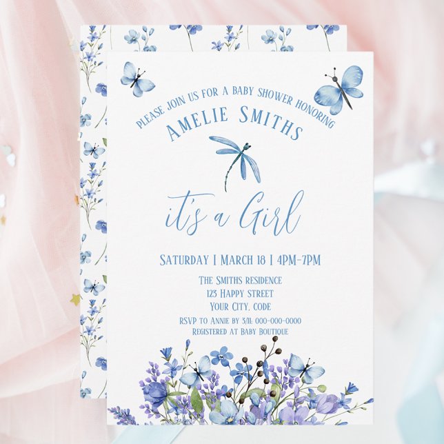 Fleurs et papillons bleus délicats Invitation (Créateur téléchargé)