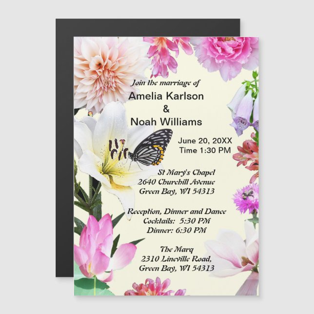 Fleurs et papillons Mariages Invitation magnétique (Devant / Derrière)