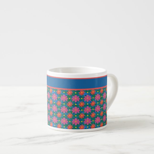 Fleurs et Polkas Rangoli sur Mug Espresso Bleu (Devant droit)