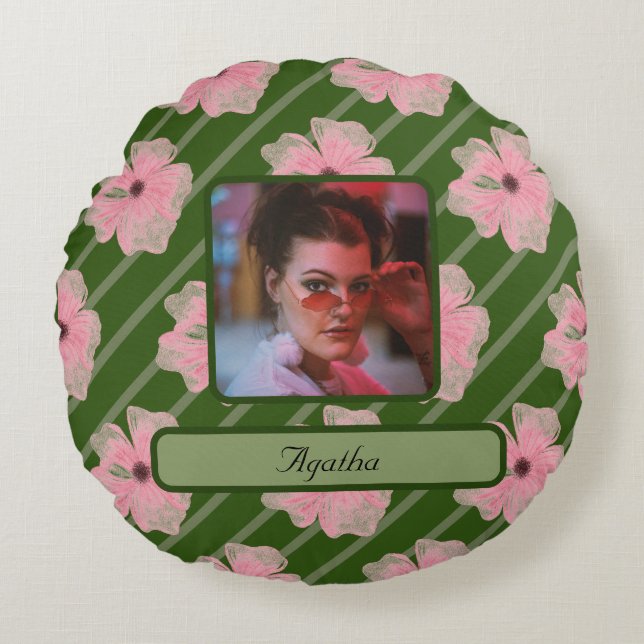 Fleurs Et Rayures Roses Coussin Rond Personnalisé (Devant)