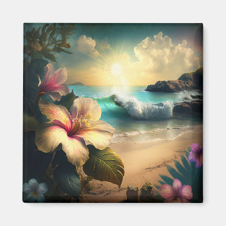 Fleurs exotiques hawaïennes, aimant océan et plage