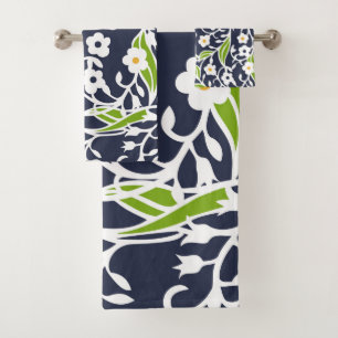 Fleurs, feuilles, vignes, bleu marine, blanc, vert