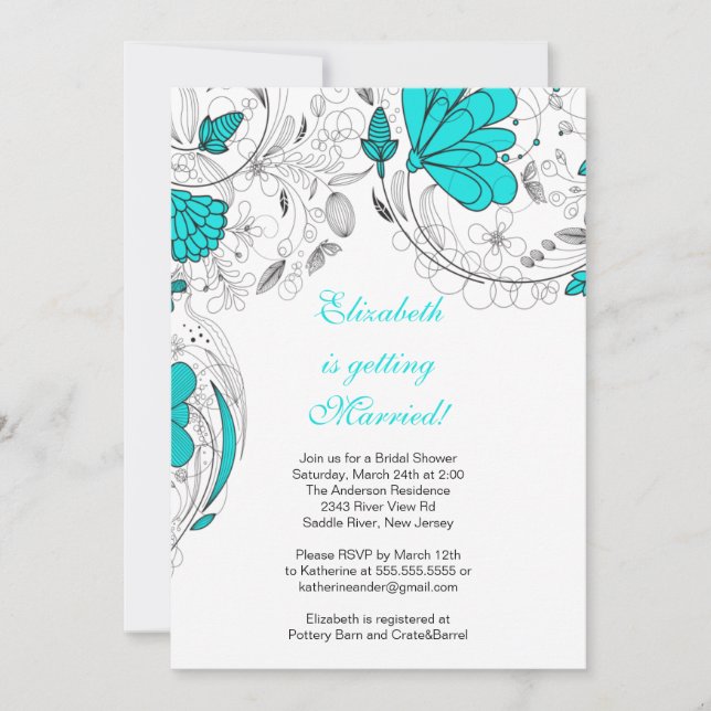 Fleurs florales Invitation douche nuptiale Turquoi (Devant)