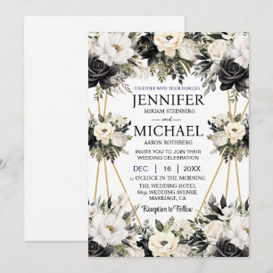 Fleurs florales noires et blanches Invitations de 