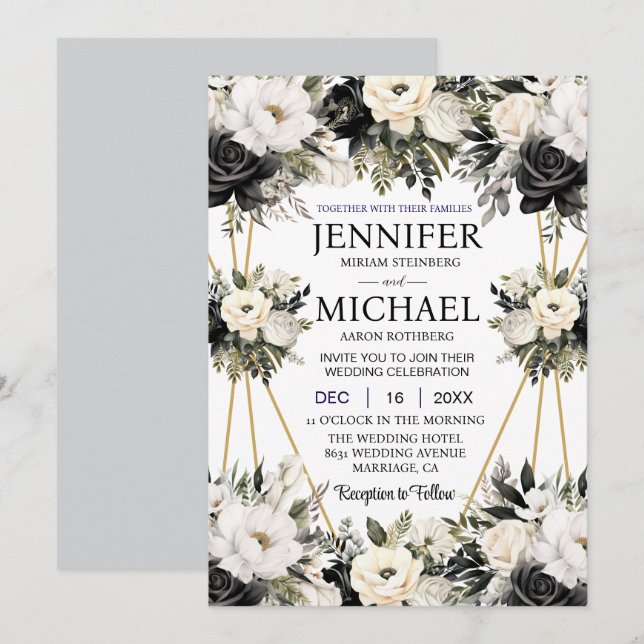 Fleurs florales noires et blanches Invitations de  (Devant / Derrière)