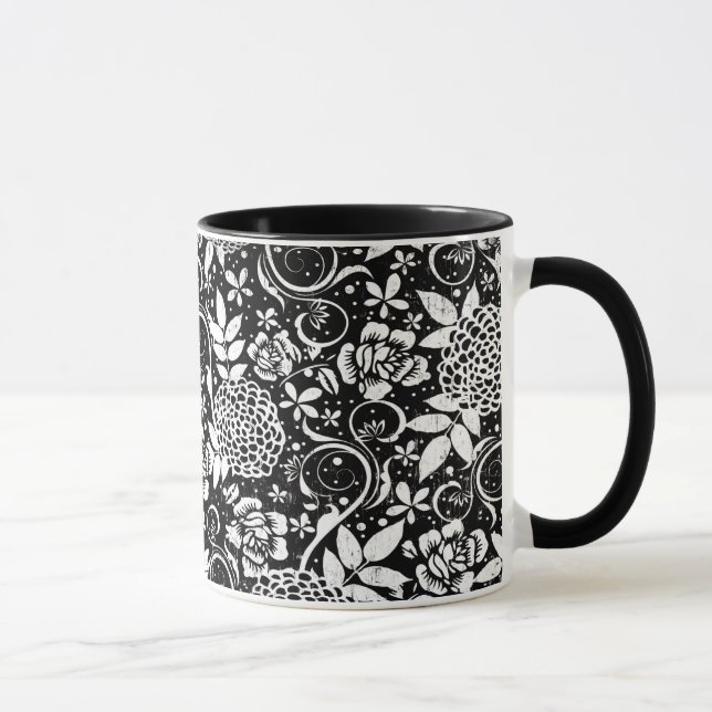 Fleurs florales noires et blanches Mug classique (Droite)