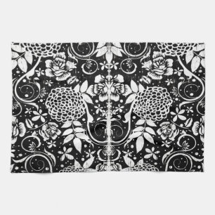 Fleurs florales noires et blanches Tea Serviette d