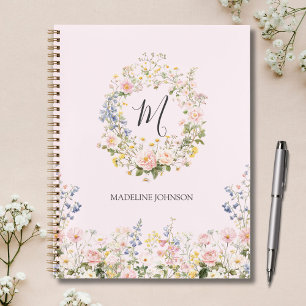 Fleurs Florales Rose Bleu Aquarelle Monogramme 