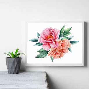Fleurs Florales Rose Pêche Peonies affiche art mur