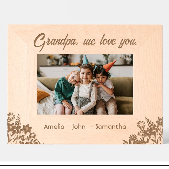 Fleurs Grandpa Noms Engravé Cadre en Bois (Créateur téléchargé)