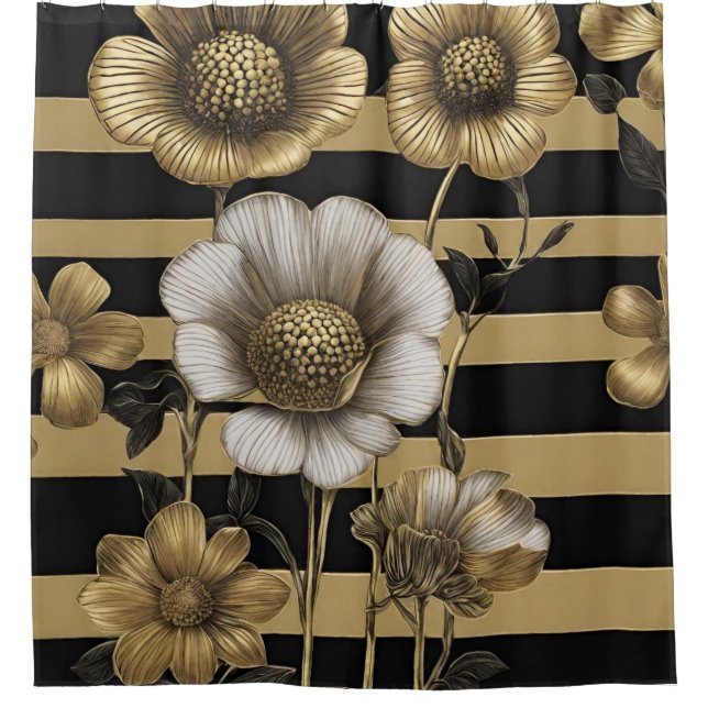 Fleurs Gras Black Gold Stripes Douche rideau (Devant)