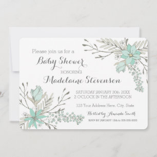 Fleurs gris ciel Invitations de douches pour bébés